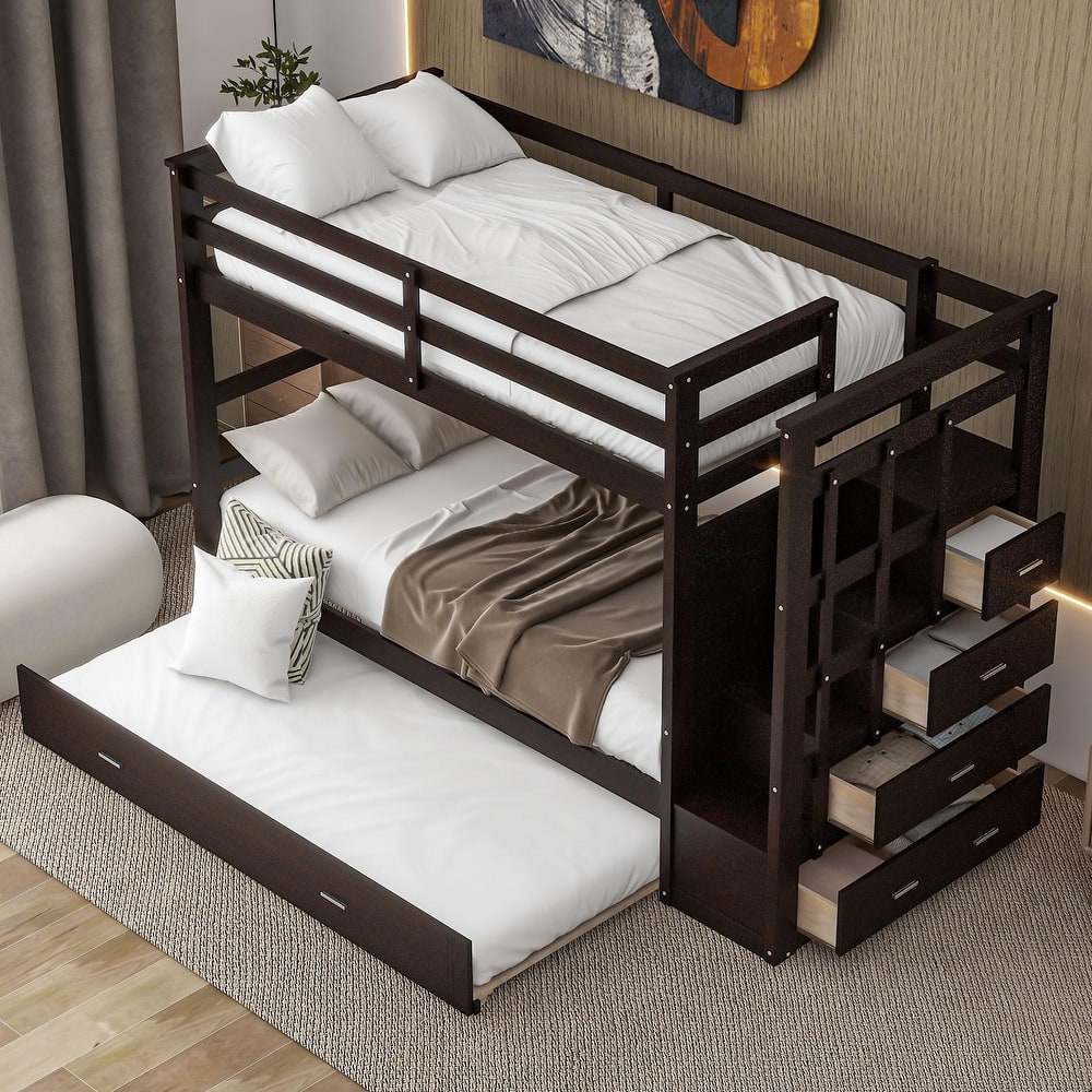 Twin Over Twin/Full Over Full Bunk Bed with Trundle and Storage Drawers, Staircase Bunk Frame for Kids and Teens