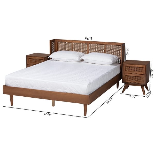 Rina Mid-Century Modern Ash Walnut Finished Wood 3-Piece/ 4-Piece Bedroom Set with Synthetic Rattan(Multiple Bed Sizes)