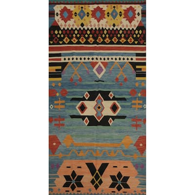 Hand Woven Oriental 100% Wool Carpet Southwestern Tribal Navy Blue & Blues Kilim Area Rug - 14' 10'' X 7' 0''