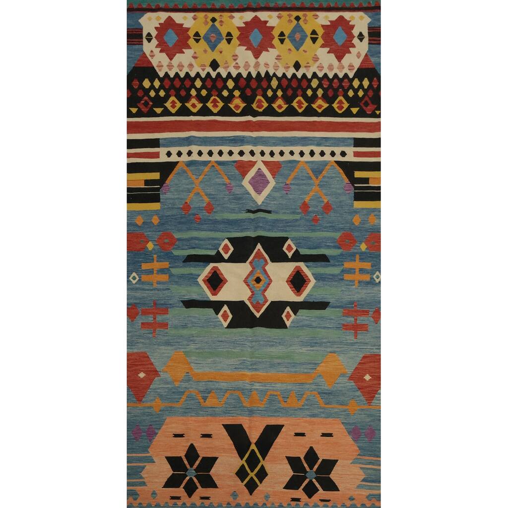 Hand Woven Oriental 100% Wool Carpet Southwestern Tribal Navy Blue & Blues Kilim Area Rug - 14' 10'' X 7' 0''
