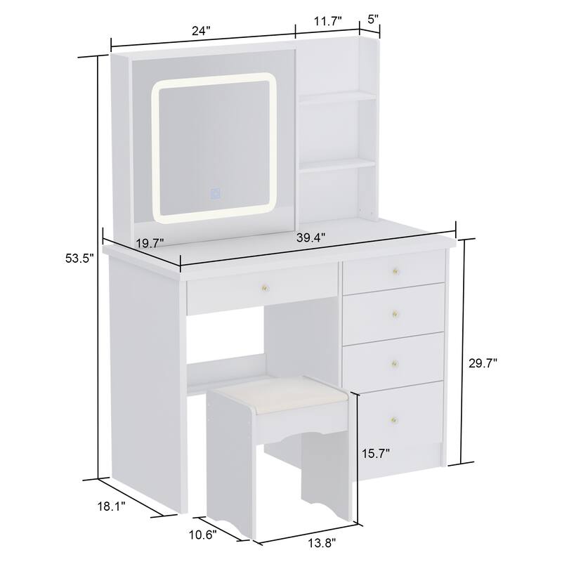 Makeup Vanity Set with Stool and 3 Color Touching Mirror Dresser Table - 39.4"W