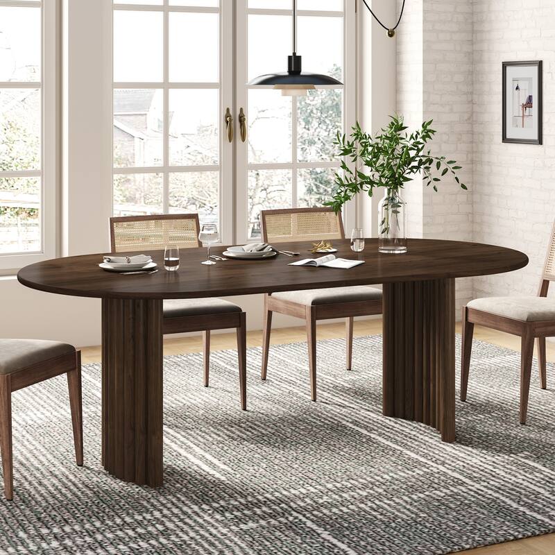 Oval Dining Table with Arc-Shaped Edge Top and Stripes Base Modern Farmhouse Kitchen Table for Living Room Dining Room