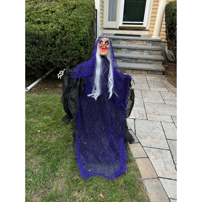 47" Halloween Light Up Eyes Witch on Stake with Purple Fish Net