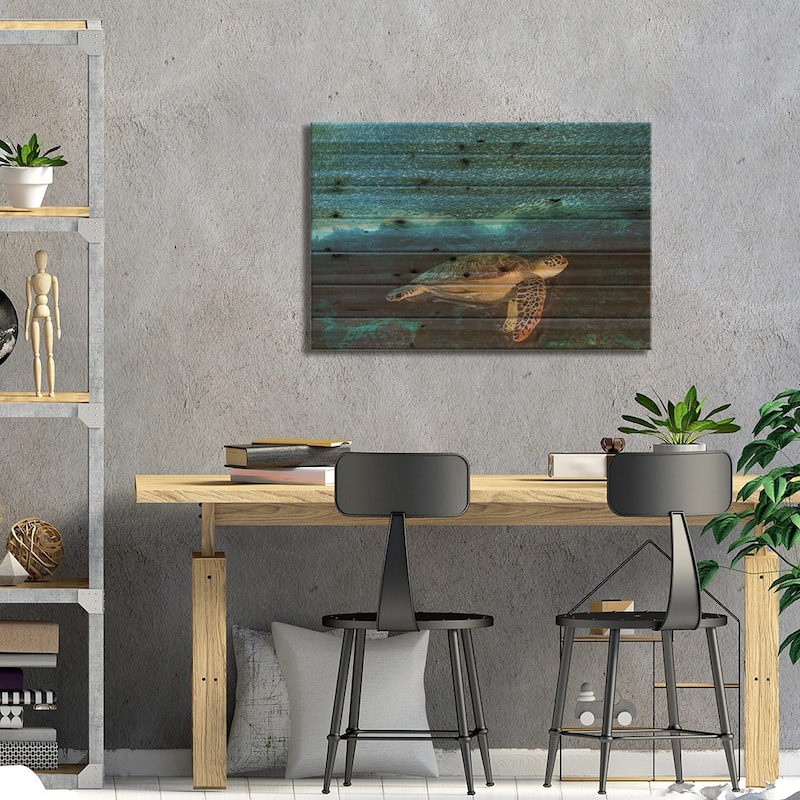 Turtle And Sardines Print On Wood by Henry Jager - Multi-Color