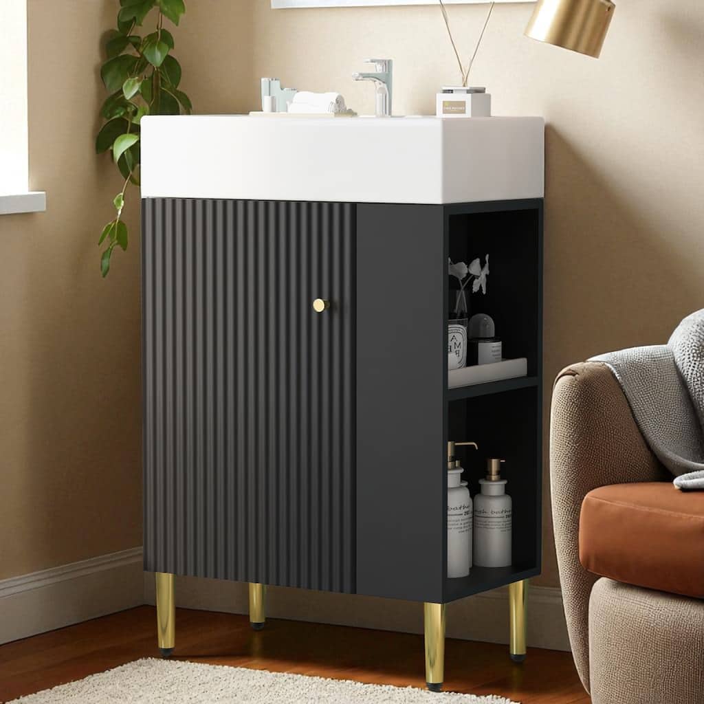21.6" Bathroom Vanity with Ceramic Sink, Modern Storage Cabinet, Gold Legs, Right Side Shelf, Freestanding Design