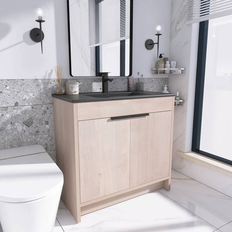 Freestanding Plywood Bathroom Vanity Set in Plain Light Oak with Integrated Sink