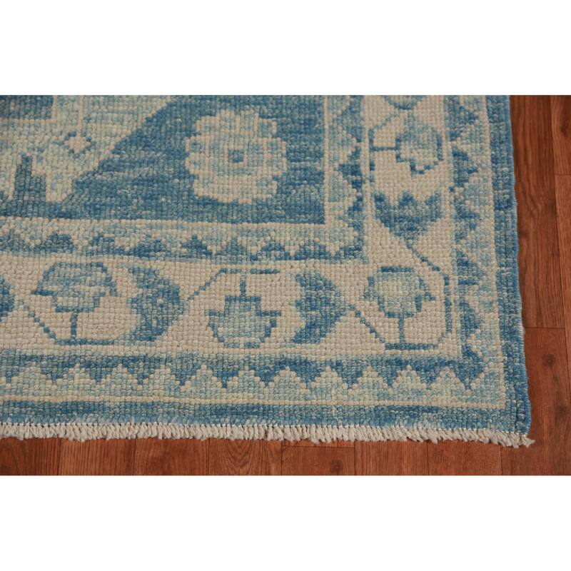 Hand Knotted Oriental 100% Wool Carpet Transitional Geometric Navy Blue & Blues Oushak Runner Rug - 18' 8'' X 3' 2''