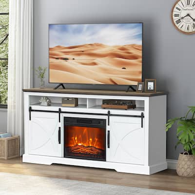 68" Farmhouse White Electric Fireplace TV Stands Console for 78-inch TV with Remote