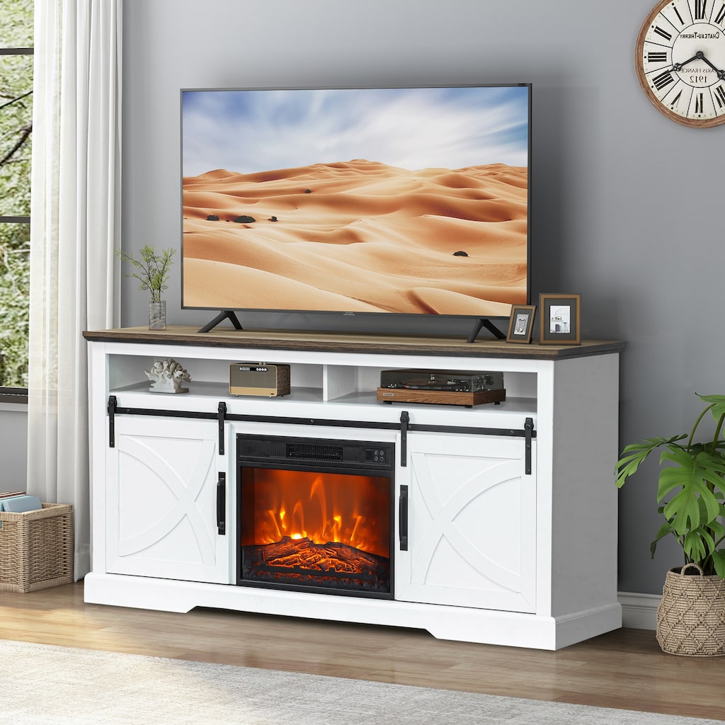 68" Farmhouse White Electric Fireplace TV Stands Console for 78-inch TV with Remote