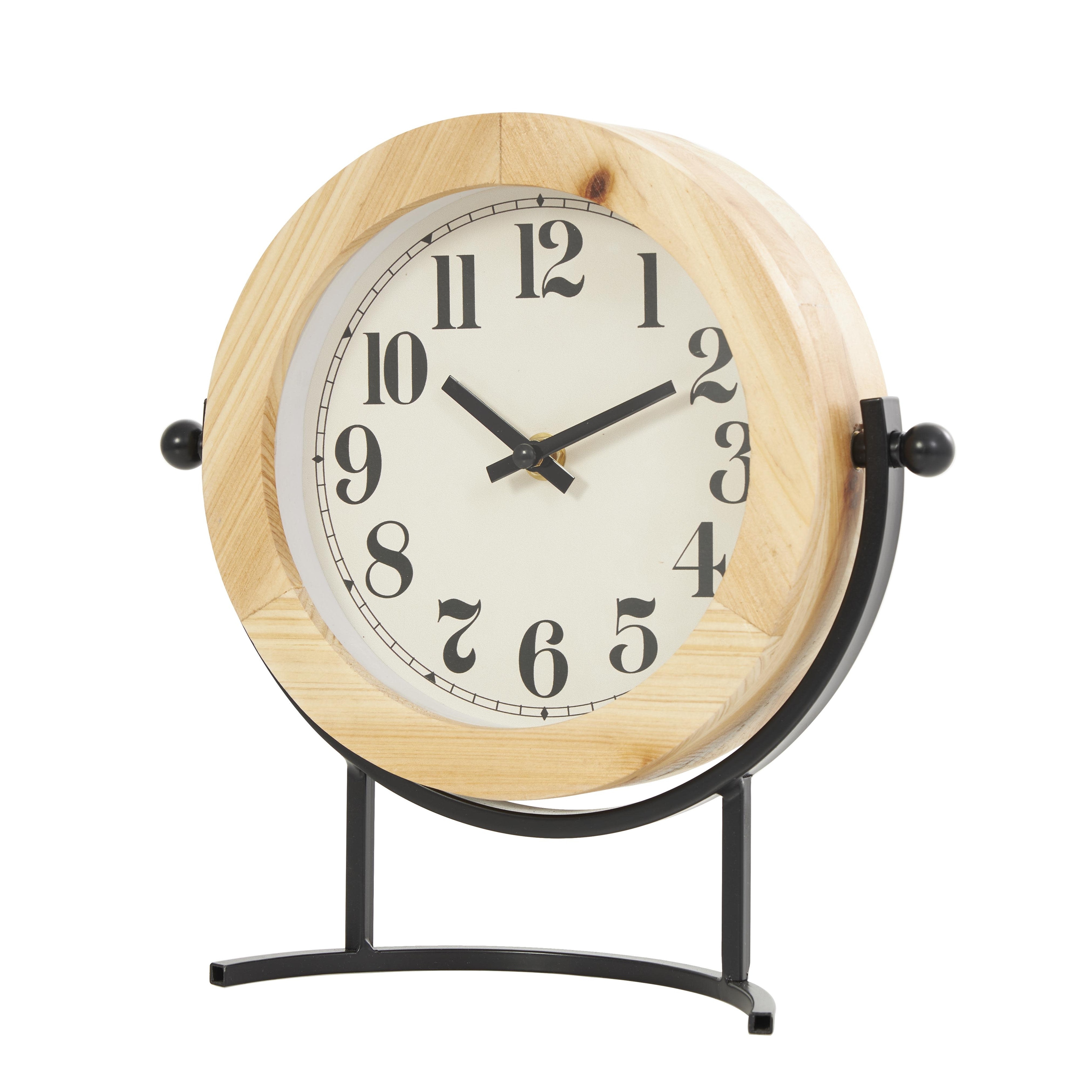 Wood Decorative Clock with Curved Black Metal Stand and Ball Details - Light Brown - Roche River Decor
