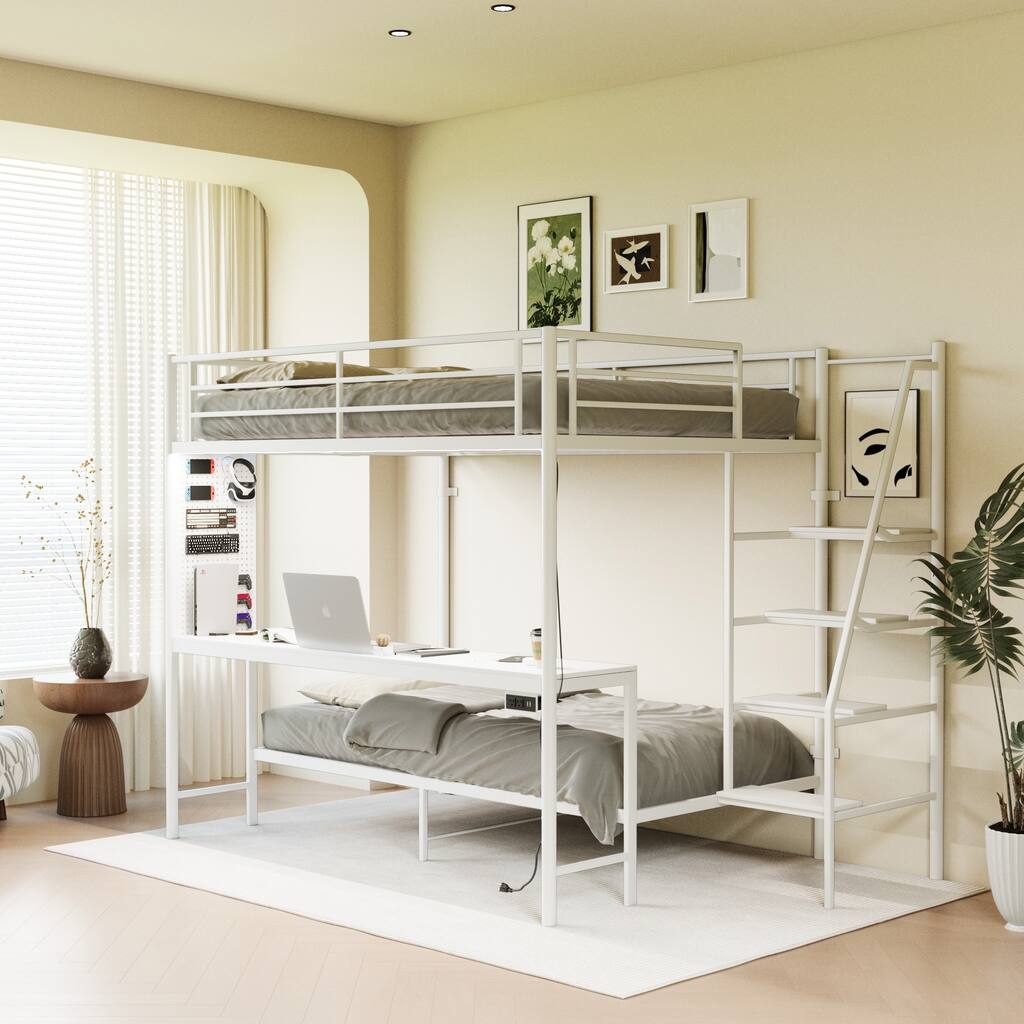 Full Size Bunk Bed with Twin Size, LED light and Charging Socket