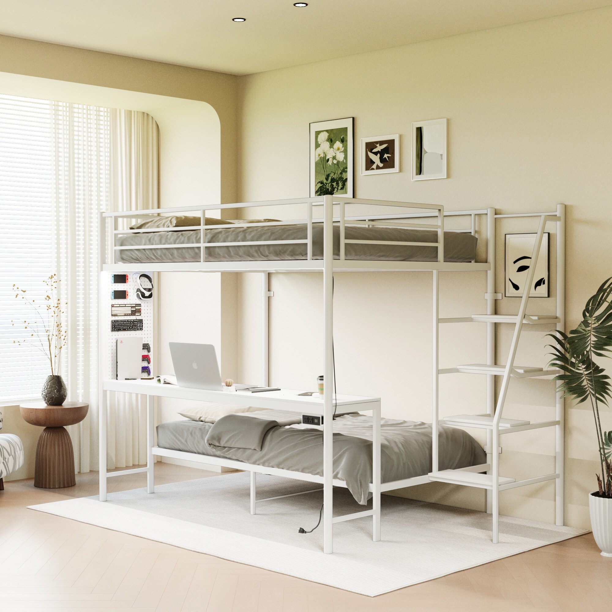 Metal Bunk Bed with Built-in Desk, Charging Station and LED Lighting