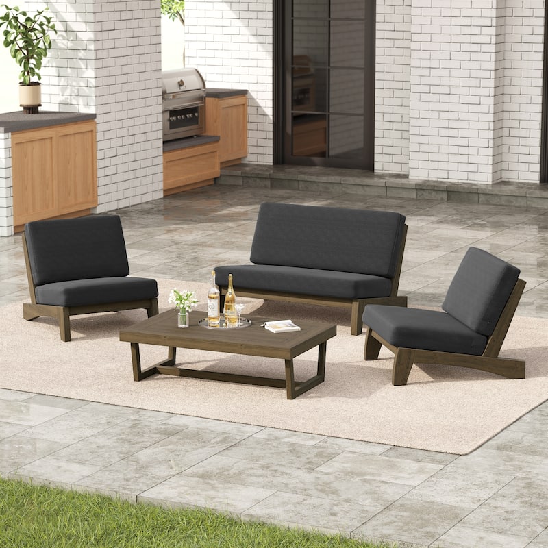 Outdoor Acacia Wood Patio Furniture Set - 4 Piece All Weather Conversation Set - Dark Grey-Whole Cushion