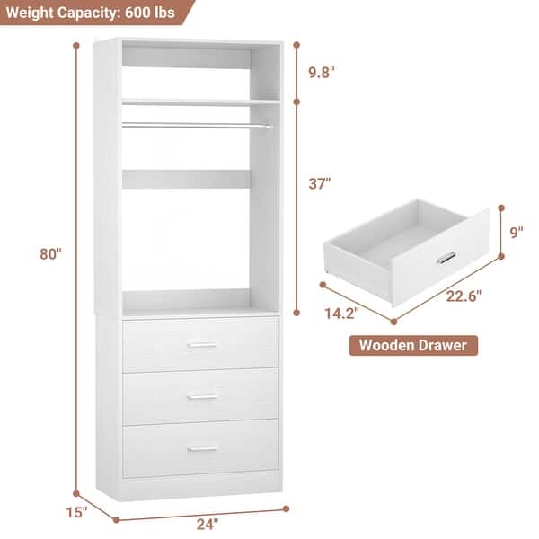 dimension image slide 2 of 11, Kyrvo Freestanding Closet System with 3 Wooden Drawers and Hanging Rod and Storage Shelf, Walk-in Closet Organizer Wardrobe