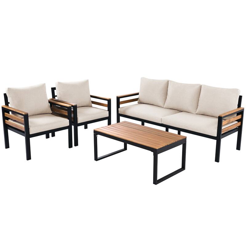 4-Piece Outdoor Sofa Set with Acacia Wood Armrests & Coffee Table, for 5 People