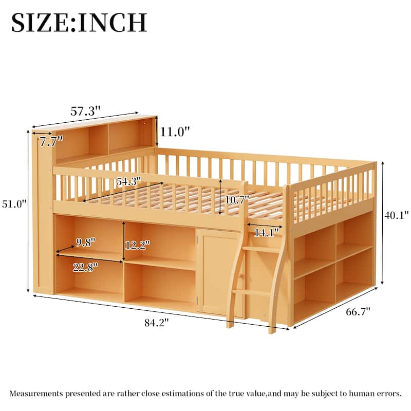 Kids Storage Low Loft Bed with LED Headboard Light, Dual Side Storage Shelves and Space Saving Under-Bed Storage