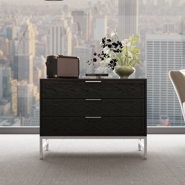 slide 2 of 18, 31.5 Inch Wide Nightstand with 3 Drawers Black Wooden Bedside Table