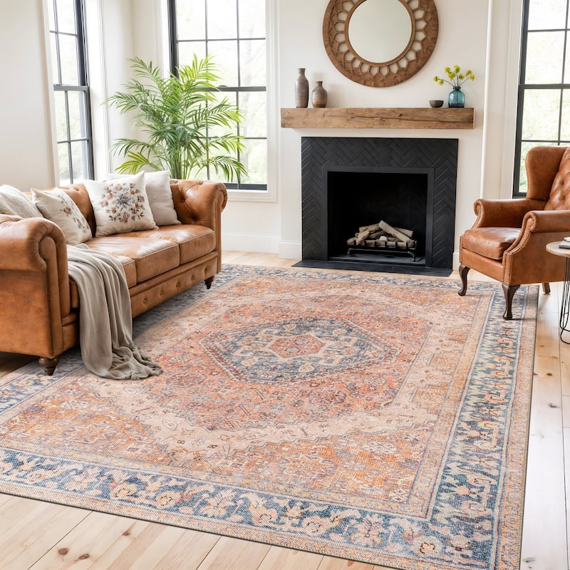 Medallion Flat Pile Washable Area Rug, Pet Friendly & Non-Slip - 7'7" x 9'6" - Rust