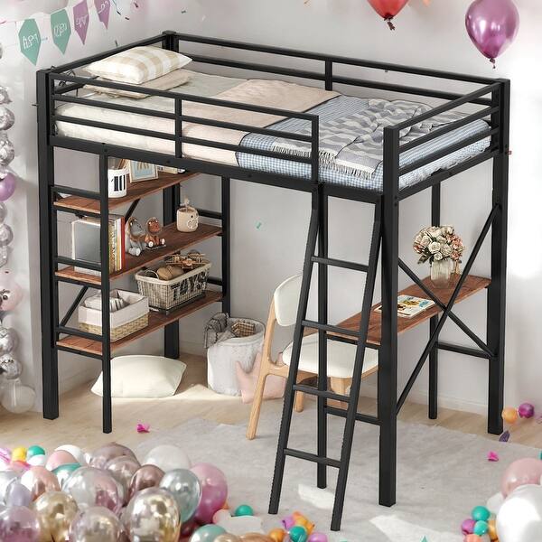 slide 2 of 12, Twin Size Metal Loft Bed with Built-in Desk and Shelf for Home Black