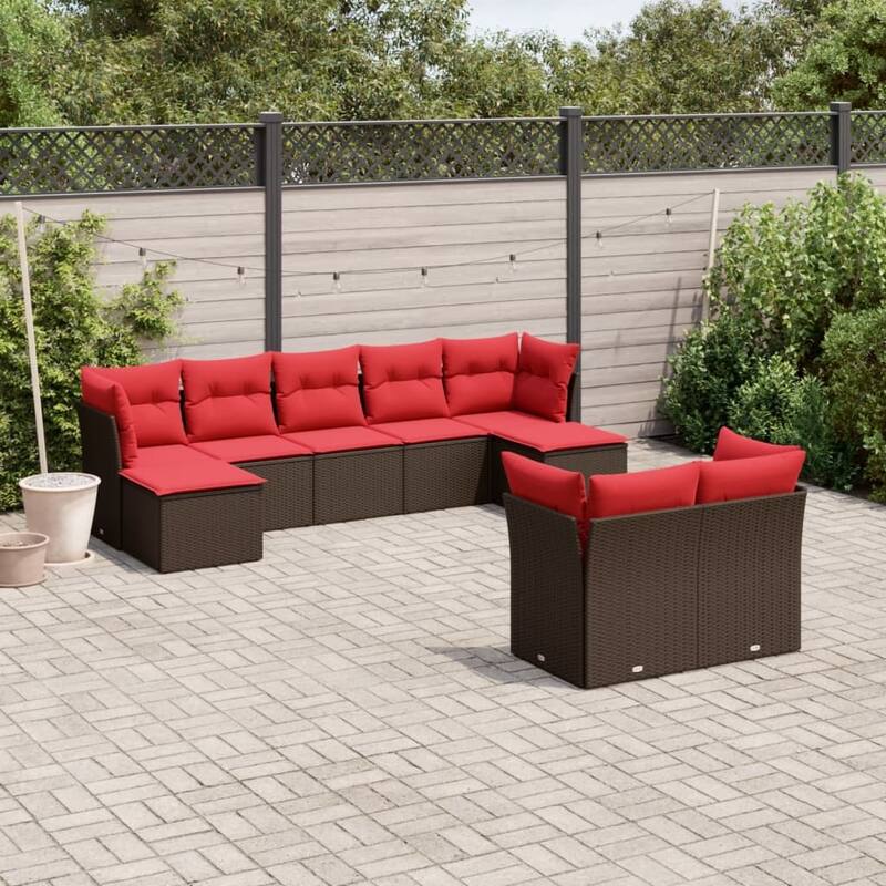 vidaXL 9/10 Piece Patio Sofa Set with Cushions Black/Brown/Gray Poly Rattan - 21.7 x 24.4 x 27.2 - Brown and red Without table