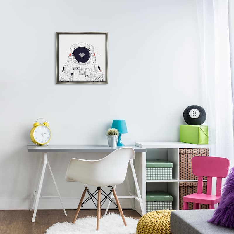 Stupell Minimal Astronaut with Heart Framed Floater Canvas Wall Art Design By Balazs Solti