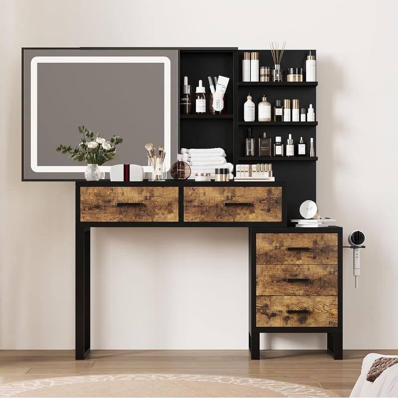 Vanity Desk with Sliding LED Mirror and Charging Station, 5 Drawers, 3 Shelves