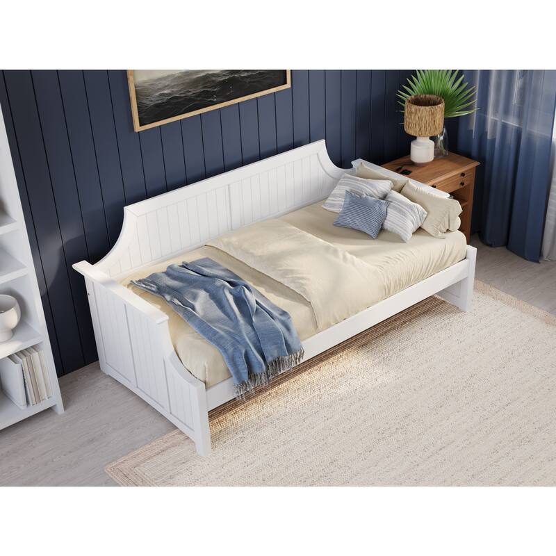 Twin Daybed - White Wood Frame, Curved Back & Beadboard Design - Guest Bed & Relaxation