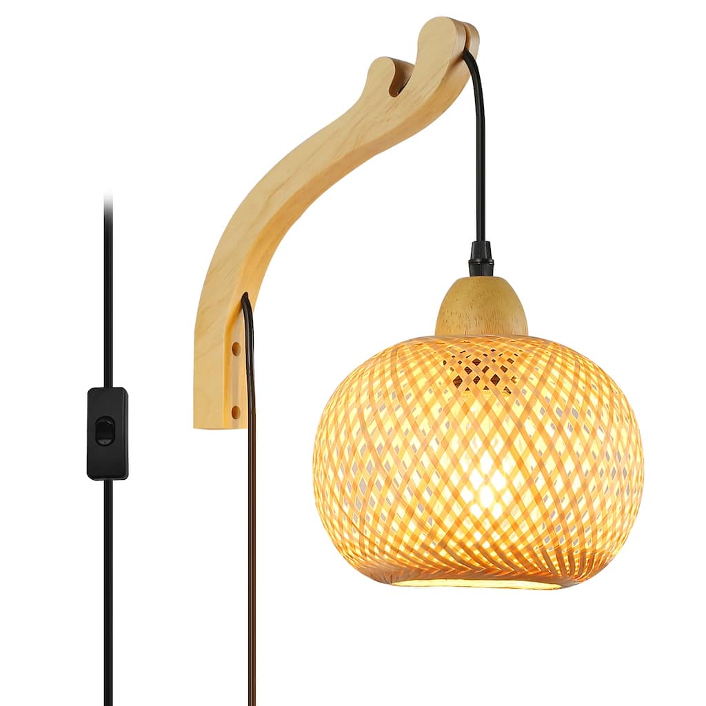Modern Farmhouse Wicker Plug in Bamboo Wall Sconce with Switch-Lantern Basket Rattan Lampshade