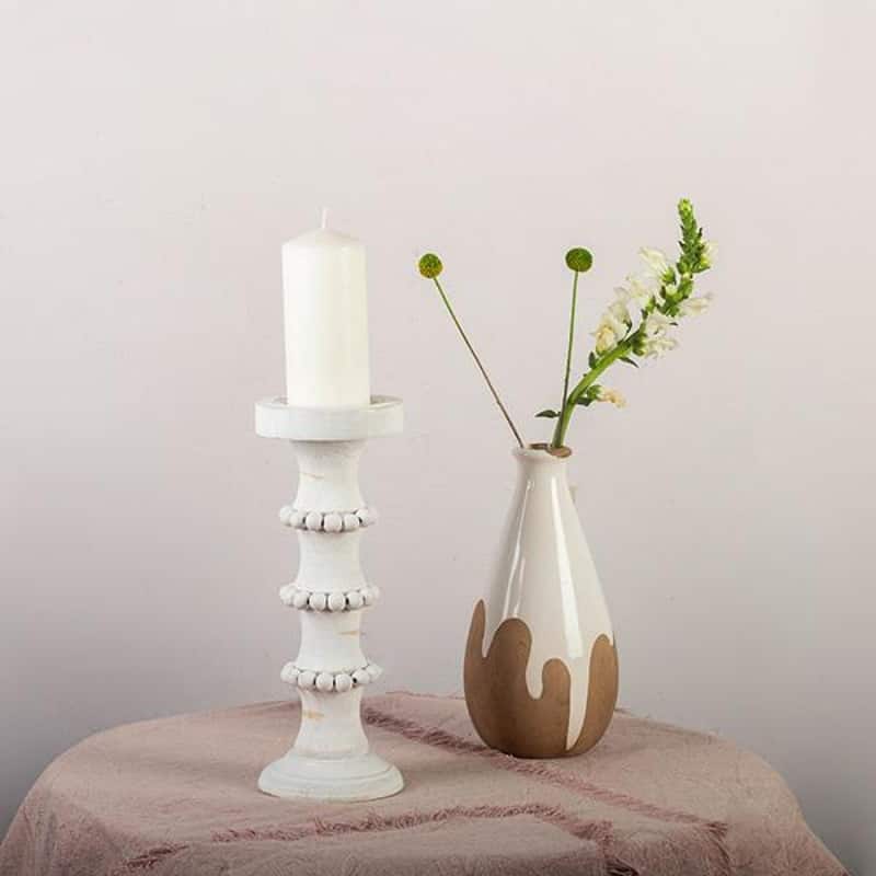 Washed White Wood With Beads Column Candle Holder
