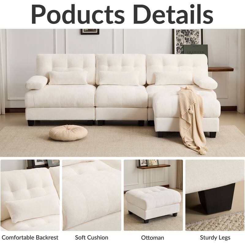 GDFStudio - 4-Piece Adjustable Backrest 93" Chenille Sofa with Ottoman and 3 Throw Pillows