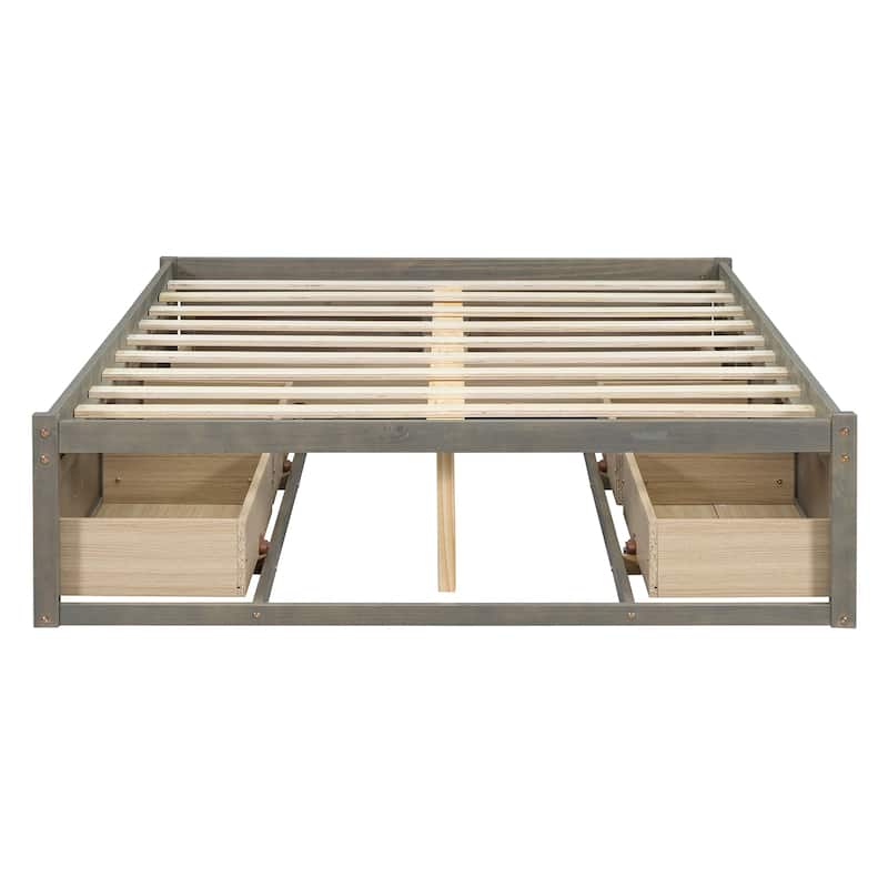Queen Size Platform Bed Frame with 6 Built-In Storage Drawers, No Headboard, Low Profile Design in Antique