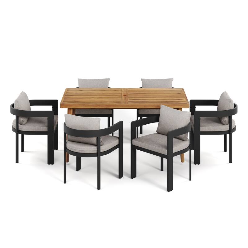 Roomfitters 7 Pcs Outdoor Dining Set, Modern Patio Furniture Set, Wooden Table & 6 Chairs with Cushions
