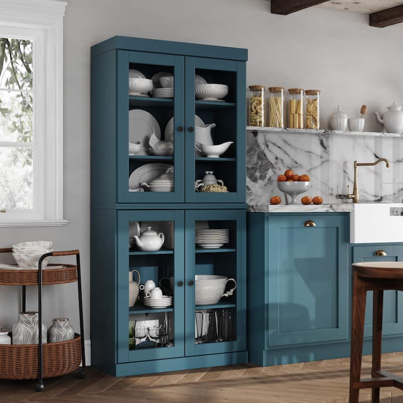 Palace Imports 100% Solid Wood Pantry Cabinet with Frosted, Clear Glass or Solid Doors and Adjustable Shelves - Teal Blue - Clear Glass