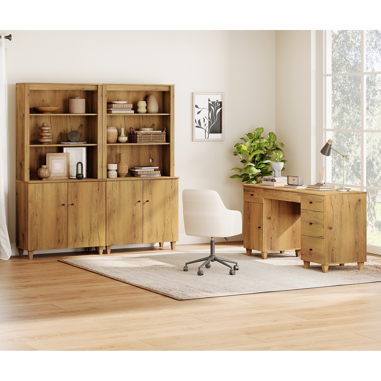 WAMPAT Home Office Furniture Set, 58" Executive Desk with Cabinet, 2-Column 71" Tall Bookcase with Doors and Adjustable Shelves