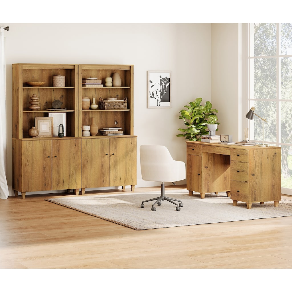 WAMPAT Home Office Furniture Set, 58" Executive Desk with Cabinet, 2-Column 71" Tall Bookcase with Doors and Adjustable Shelves