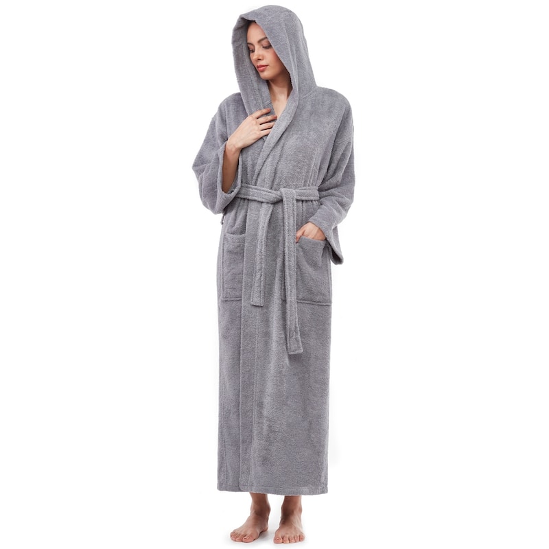 Women's Hooded Long Bathrobe Terry Cotton - Full Ankle Length Spa Robe
