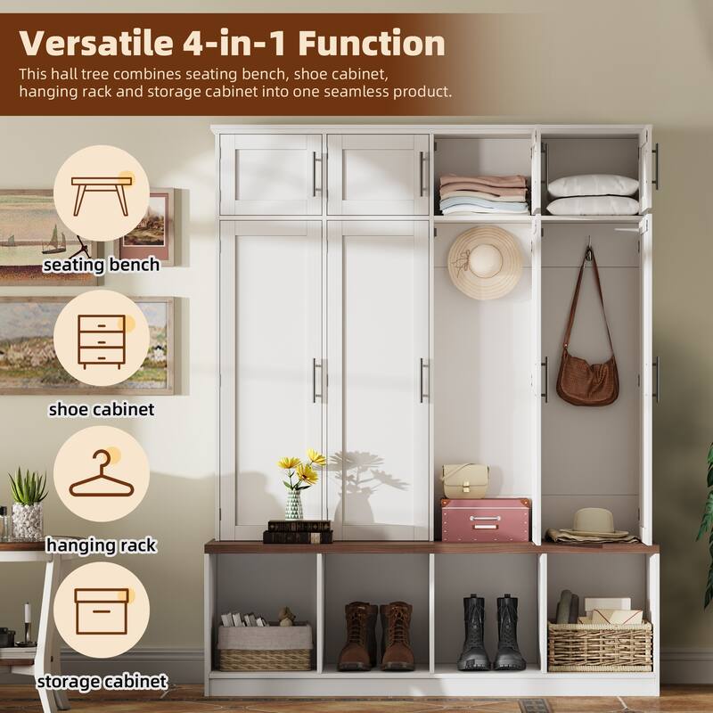 Farmhouse Hall Tree with 4 Hidden Hanging Hooks, Wood Bench Entryway Shoe Cabinet, Large 8 Doors Storage Cabinet for Foyer