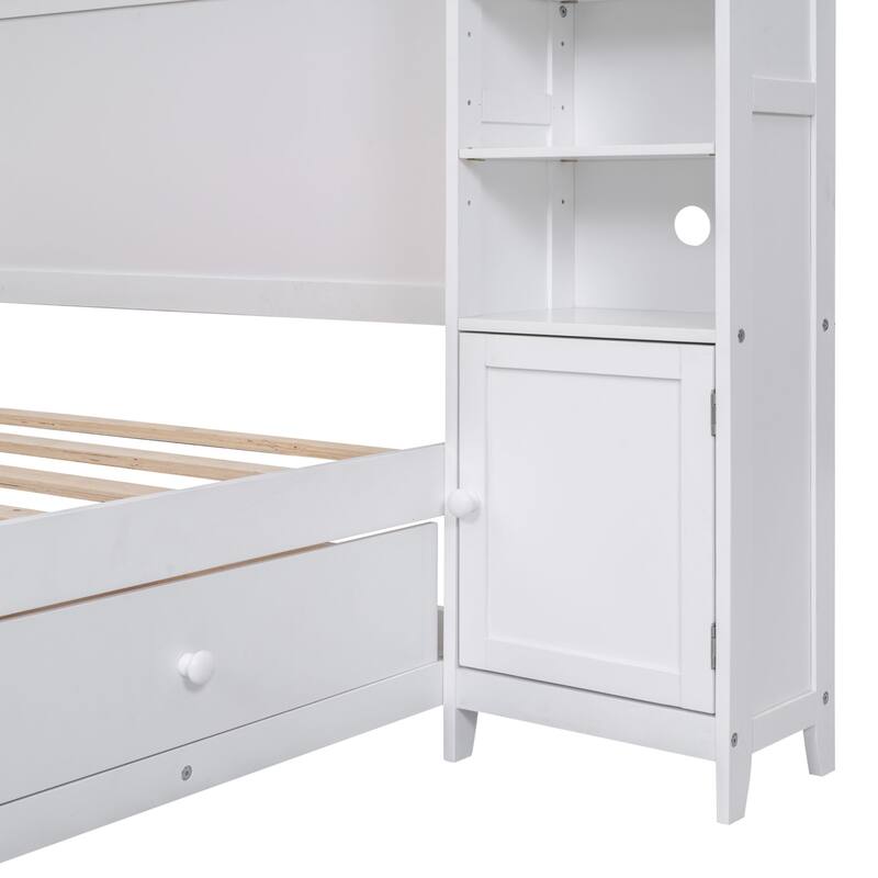 Wooden Bed with Integrated Cabinet and Shelves