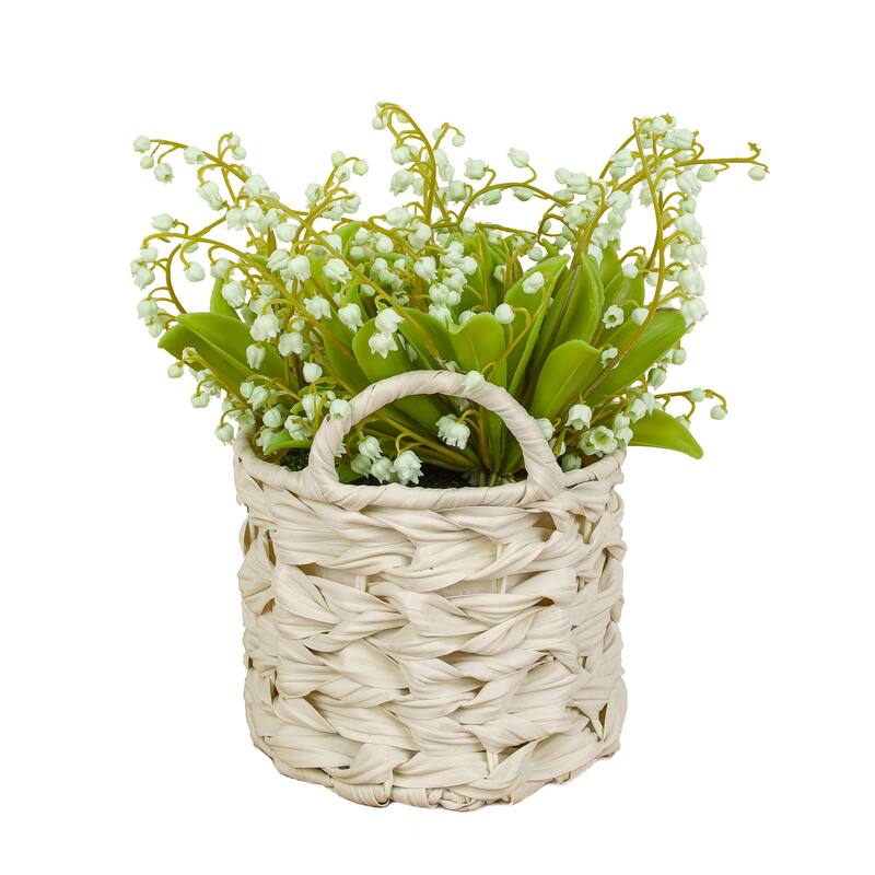 National Tree Company 11 in. Green Lily-of-the-Valley Flowers in White Basket - 11 in
