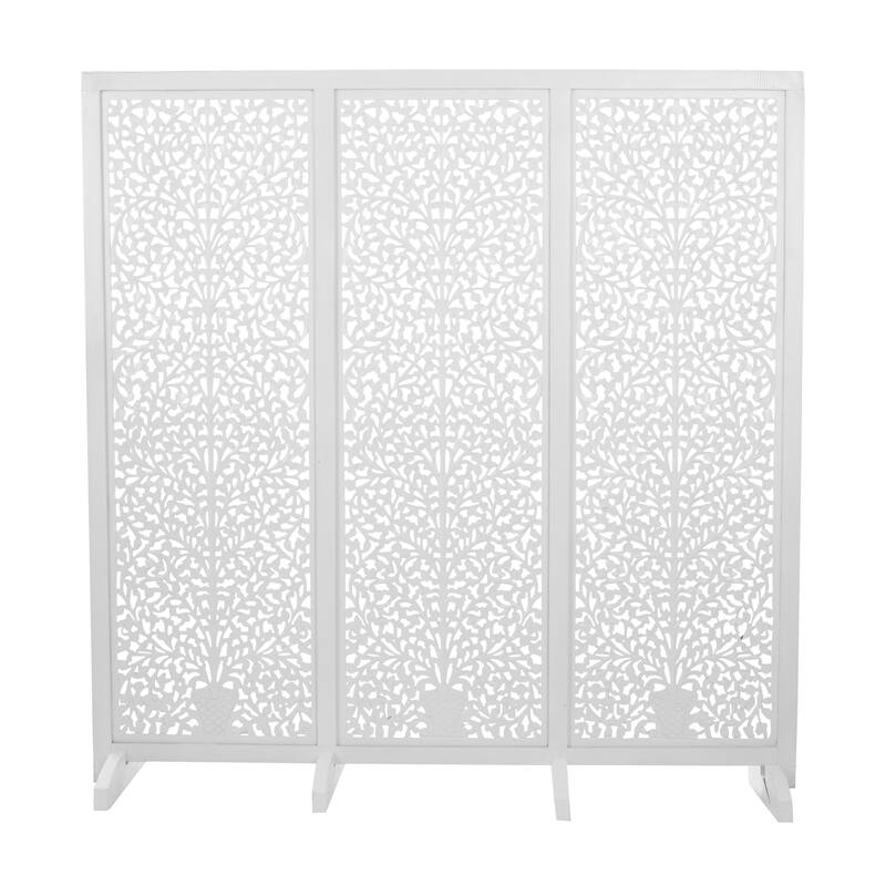 Wooden Floral Handmade Large Flat Freestanding Carved Room Divider Screen - Black - Roche River Decor