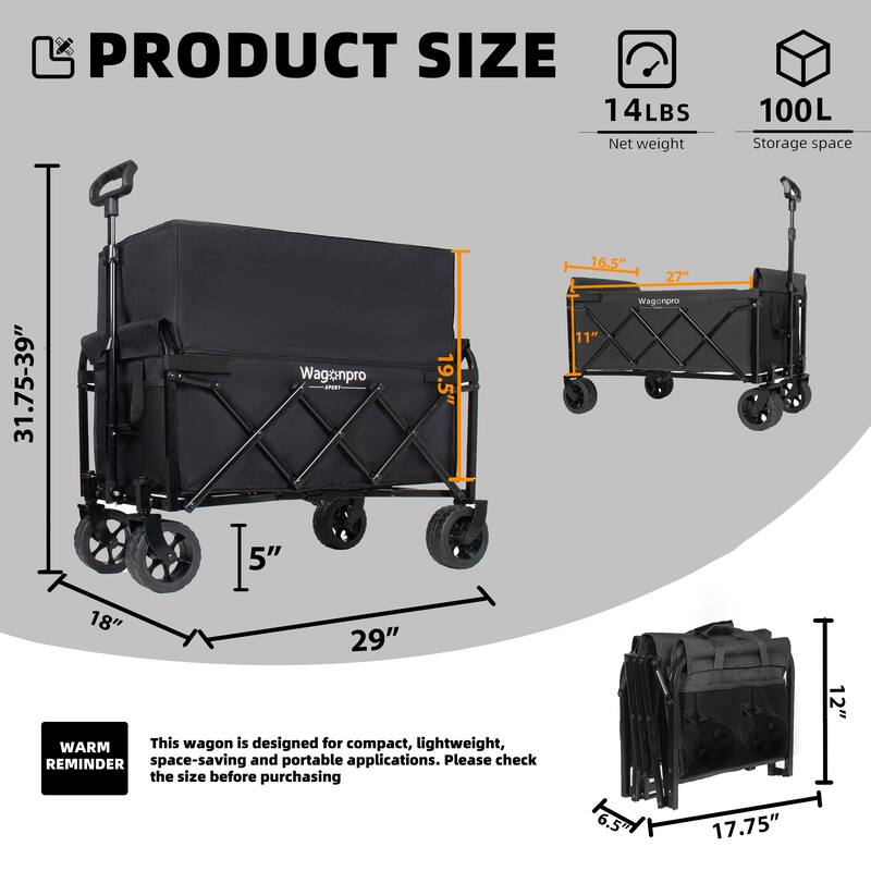 Upgraded 5*2"Wide Wheels-Expandable Dual-Layer Utility Wagon with 100% Extra Space, 220lbs Capacity Grocery Cart for Camping