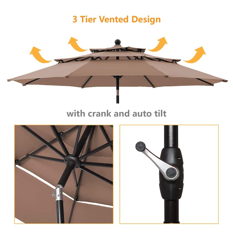 Clihome 10FT 3-Tiers Vented Round Market Umbrella with Crank Lift