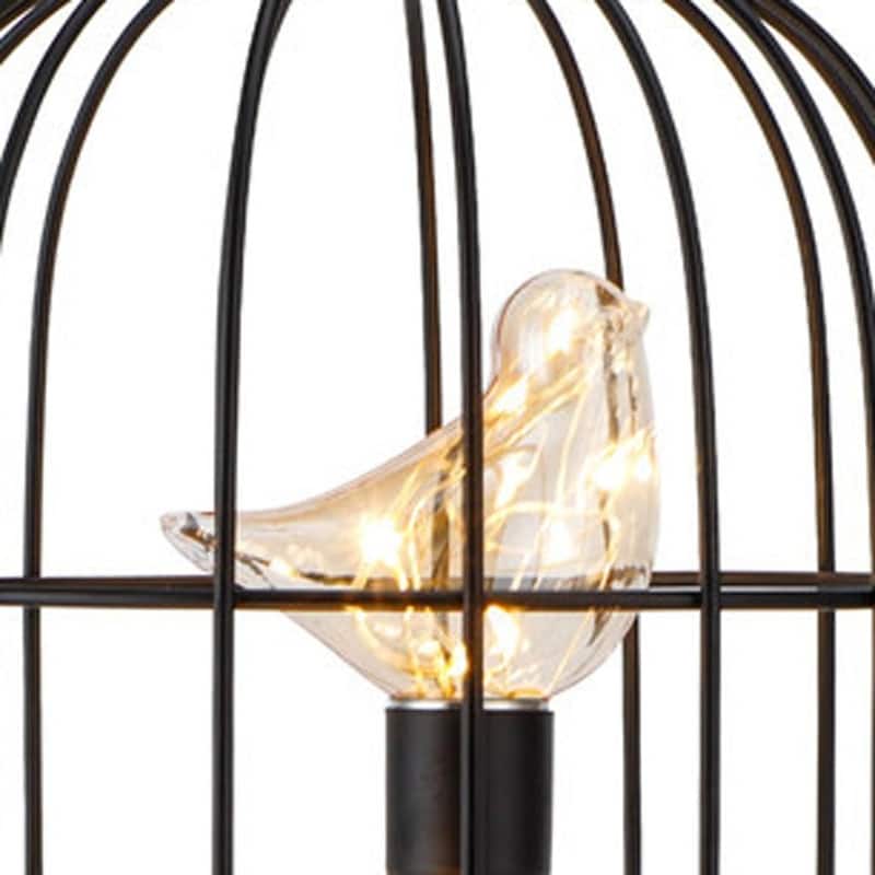 HomeRoots 12" Black Battery Operated Round Lamp With Bird Cage Shade - 7.00 in. x 12.00 in. x 7.00 in.