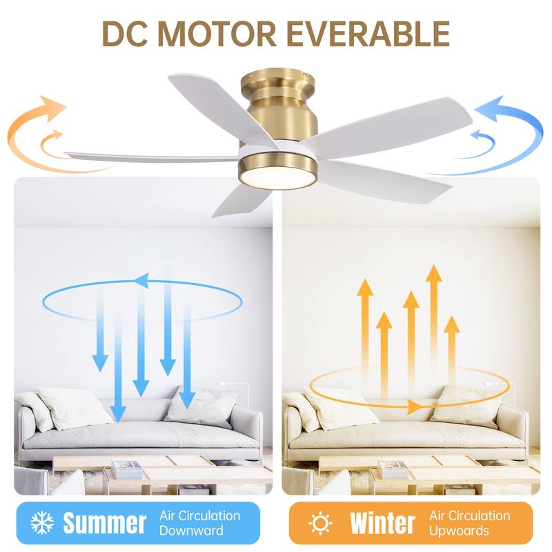 42 Inch Flush Mount Ceiling Fans with LED Light 22W and Remote Control 5 ABS Fan Blades for Bedroom Dining Room - Gold