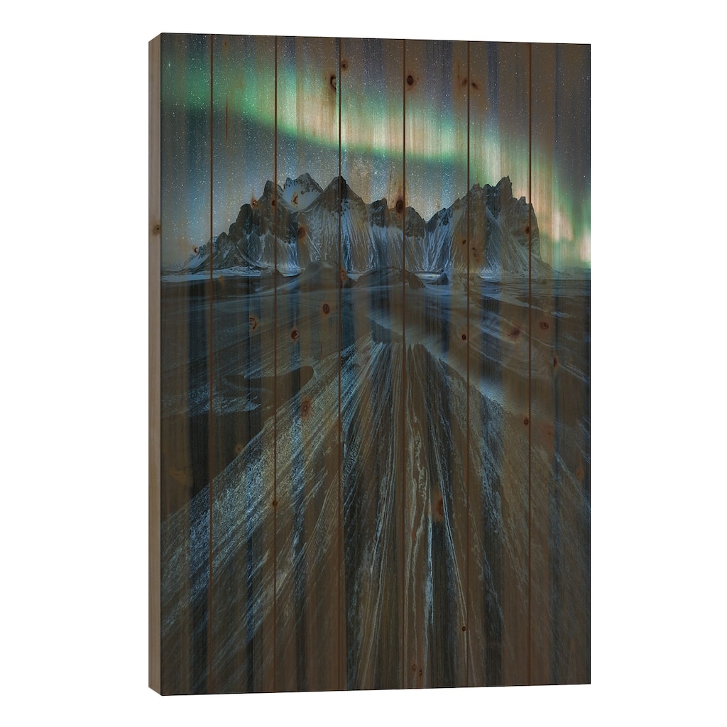Northern Lights Above Stokksnes Print On Wood by Daniel Gastager - Multi-Color