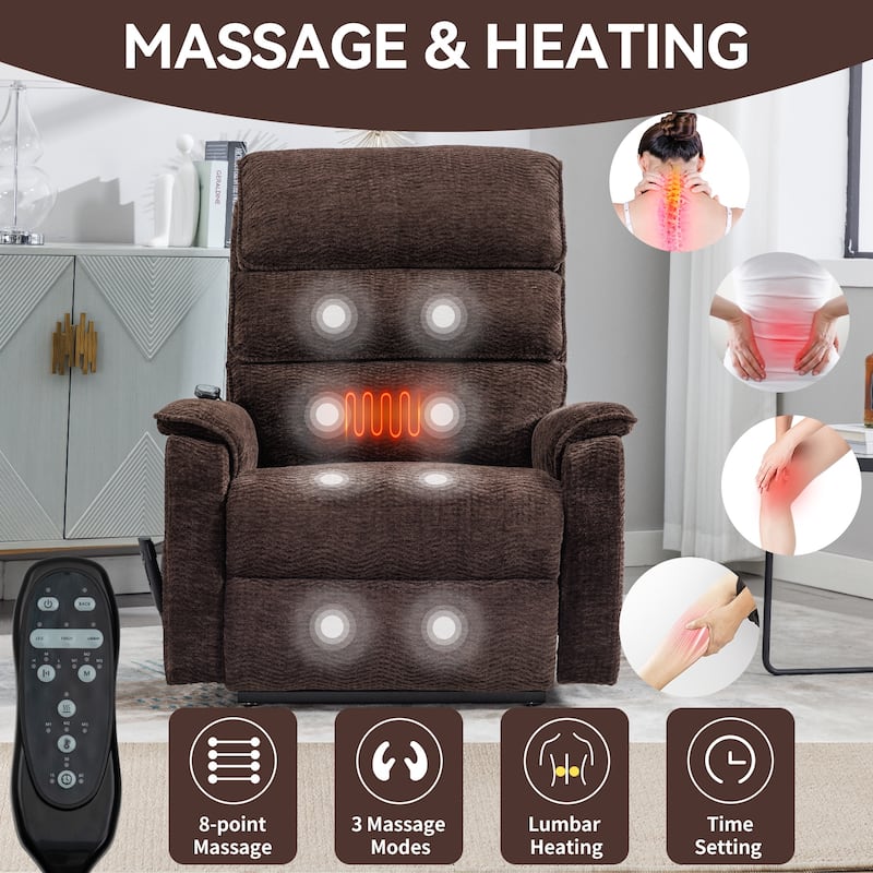 Dual Motor Power Lift Recliner Chair with Massage and Lumbar Heat - Chenille Fabric, Electric Recline