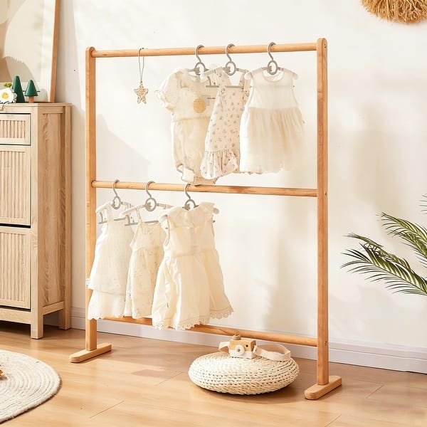 dress hanger stand design Balanbo 2-Rod Kids Clothing Rack, Beechwood Up Clothes Rack for Hanging Clothes, Dresses, Coats, Natural, Size: 31.5 w x 17.7. d x 31.5 h, Brown shop hanger stand for boutique Jovani 06426 Floral Bodice Elastane office or bedroom to Skirt Size:XLarge