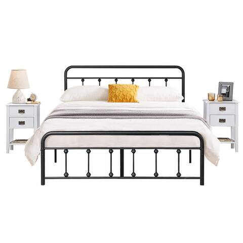 3-Pieces Bedroom Set Queen Size Black Platform Bed Frame and Wood Nightstands Set of 2