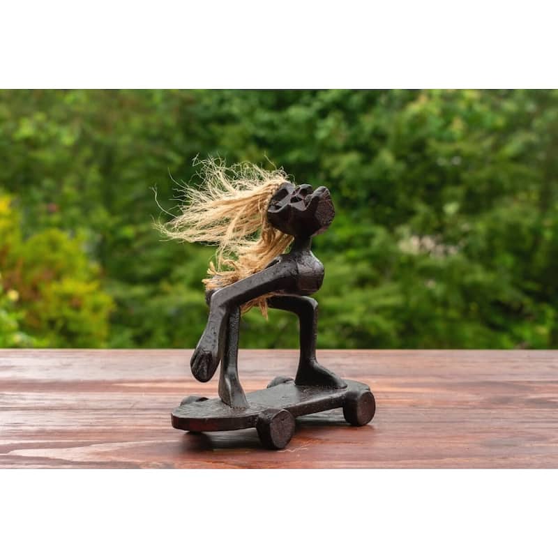 Handmade Wooden Primitive Tribal Skateboarding Funny Statue Sculpture Tiki Bar Handcrafted Unique Home Decor Figurine