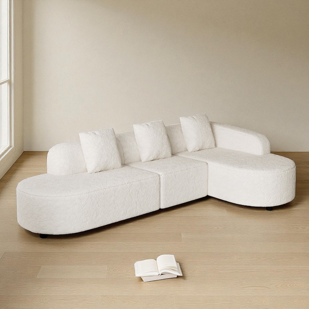 111.8" Curved L-Shaped Modular Sofa with Lychee-Textured Long-Pile Polyester Fabric and 3 Pillows for Living Room